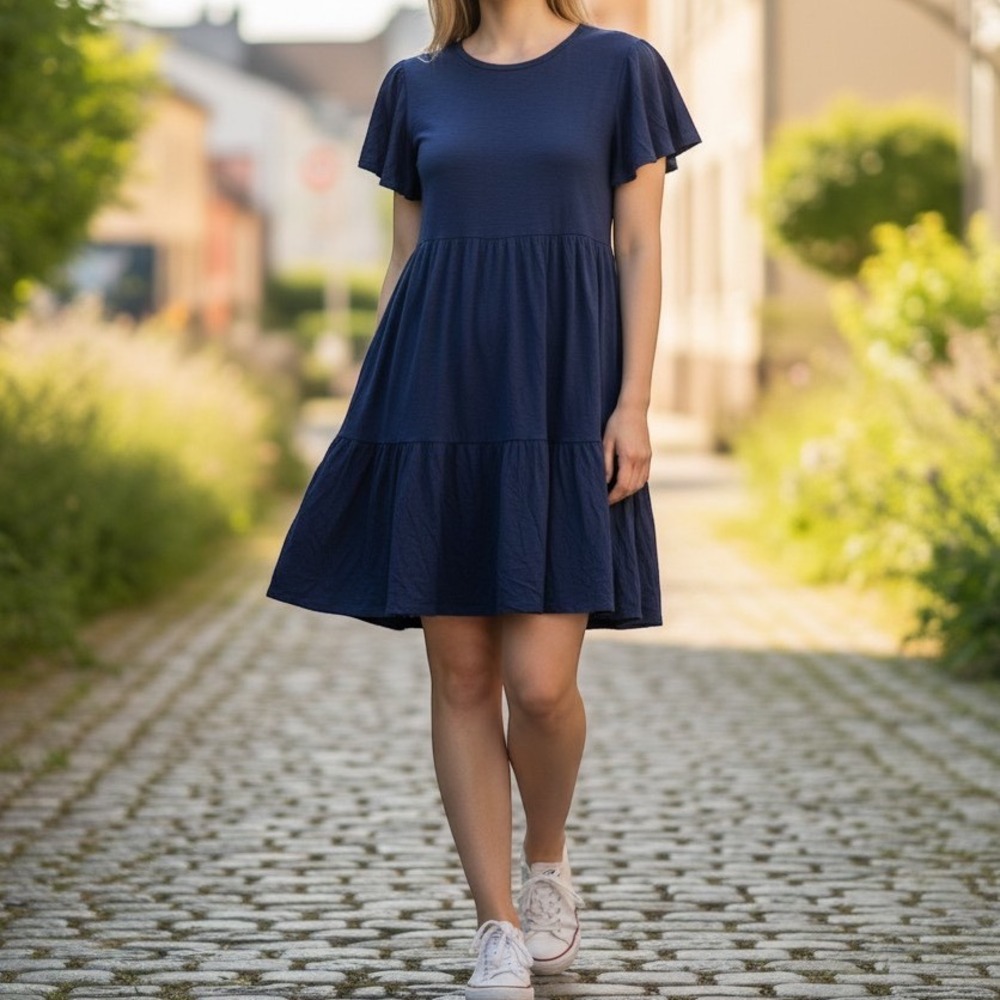 Olivia Rae New York Navy Blue Flutter Sleeve Tiered Babydoll Mini Dress S 15402J